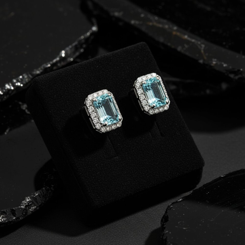 Skyline Aura 18K White Gold Aquamarine Diamond Stud Earrings - Picture 3 of 3